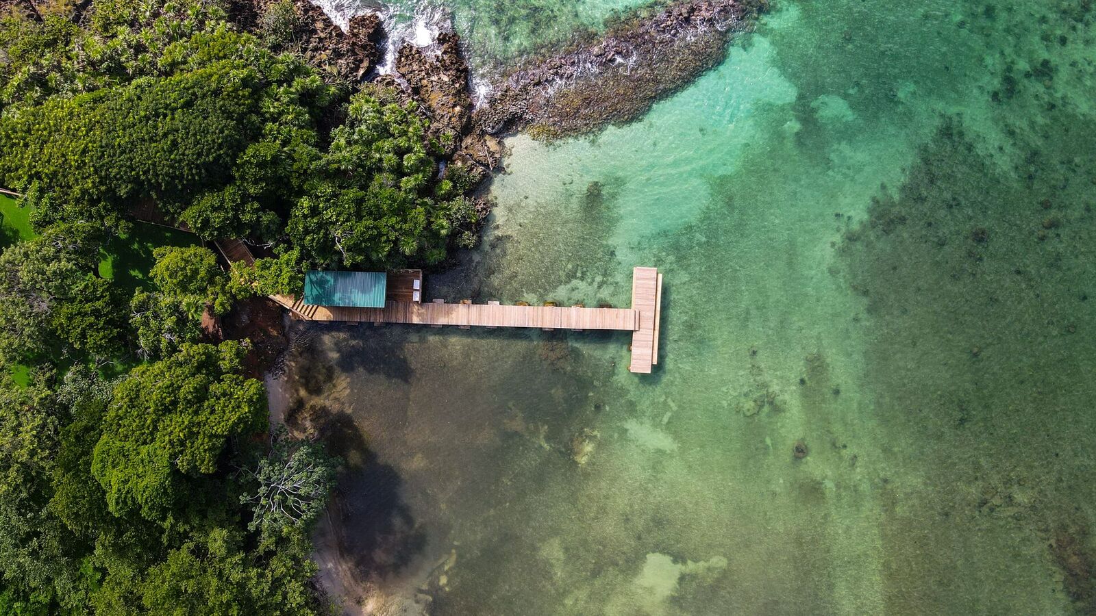 Aerial view of a wooden pier reaching into clear turquoise water surrounded by lush green forest